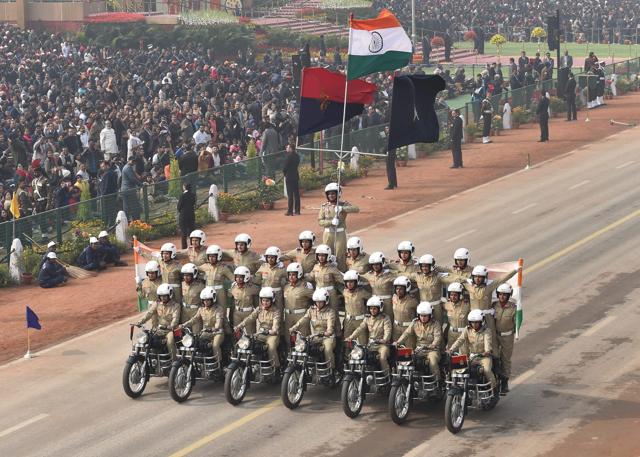New Delhi: BSF's all-women team 'Seema Bhawani' performs on motorcycles during 69th Republic Day Parade at Rajpath in New Delhi on Friday (PTI)