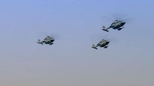 The Rudra formation comprising three ALH Mk IV WSI helicopters in Vic formation at the parade. (Doordarshan)