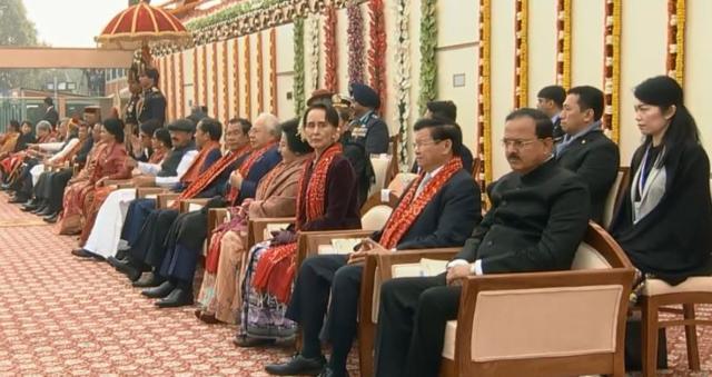 ASEAN leaders, including Myanmar leader Aung San Suu Kyi, attend the Republic Day celebrations in New Delhi on Friday. (Doordarshan)