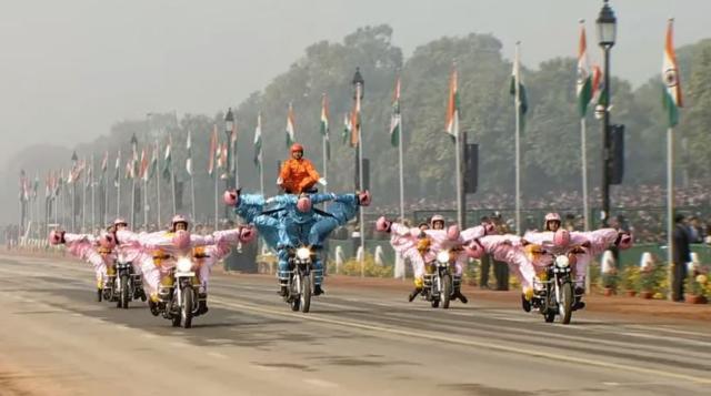 The members of special women bikers’ squad, led by sub-inspector Stanzin Noryang, perform at Rajpath. (Doordarshan)