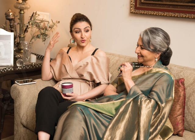 Soha wears a top from Madglam and earrings from Chic Therapy (available at Minerali Store), Sharmila wears a sari from her own collection (Naina Redhu) Soha wears a top from Madglam and earrings from Chic Therapy (available at Minerali Store), Sharmila wears a sari from her own collection (Naina Redhu)