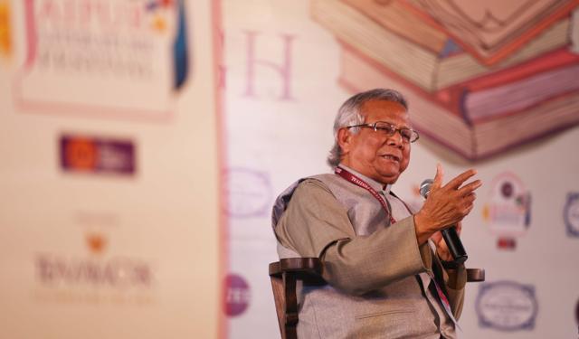 Nobel laureate Muhammad Yunus during his session titled The Three Zeroes. (Raj K Raj/HT PHOTO) Nobel laureate Muhammad Yunus during his session titled The Three Zeroes. (Raj K Raj/HT PHOTO)