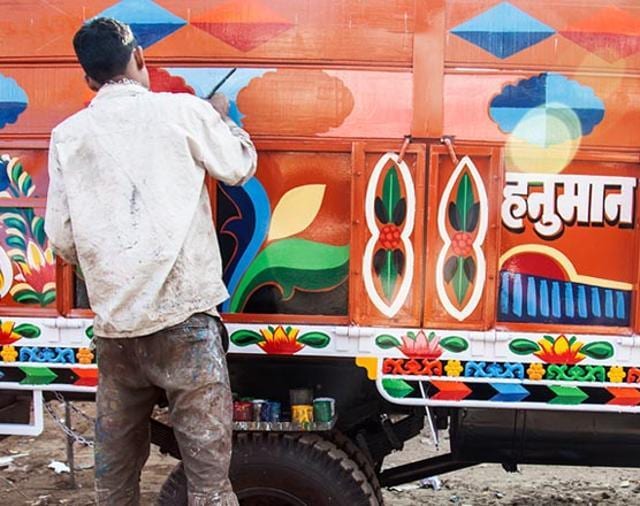 Traditionally, truck art showcases kaleidoscopic symbols, catchy one-liners, kitschy designs, and 3D typography. (Courtesy: All India Permit ) Traditionally, truck art showcases kaleidoscopic symbols, catchy one-liners, kitschy designs, and 3D typography. (Courtesy: All India Permit )