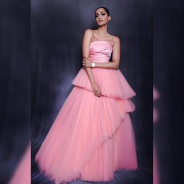 Actor Sonam Kapoor wears a gown with a satin bodice. Actor Sonam Kapoor wears a gown with a satin bodice.