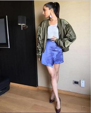 Shraddha Kapoor in a satin bomber jacket.