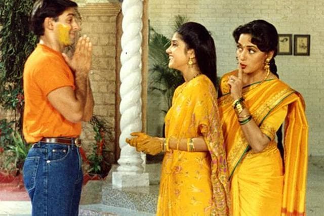 Actors Salman Khan, Renuka Shahane, and Madhuri Dixit in a still from Hum Aapke Hain Koun...! Actors Salman Khan, Renuka Shahane, and Madhuri Dixit in a still from Hum Aapke Hain Koun...!