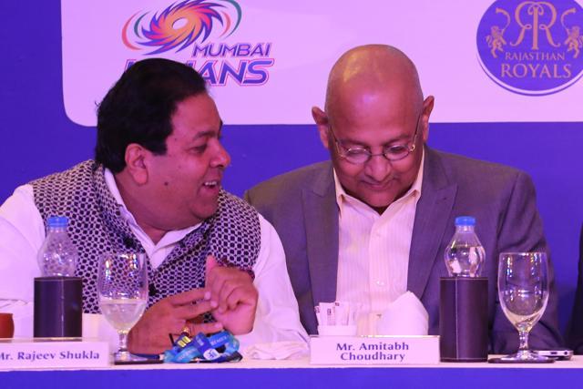 IPL governing council chairman Rajeev Shukla and ‘acting’ BCCI secretary Amitabh Choudhary (right) during the IPL auction 2018 in Bangalore. Both officials are having an extended run since the Lodha committee reforms are yet to be implemented in full. (BCCI )