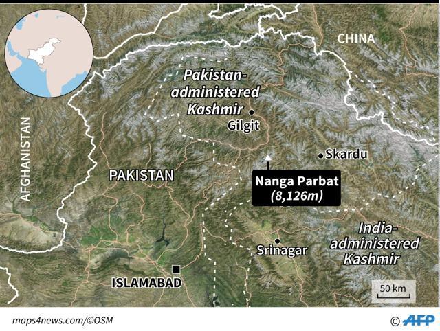Map of Pakistan locating Nanga Parbat, where a rescue mission is to provide aid to two mountain climbers in trouble. (AFP)
