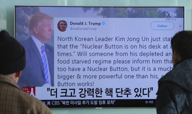 People watch a TV news program showing the Twitter post of U.S. President Donald Trump while reporting North Korea's nuclear issue, at Seoul Railway Station in Seoul, South Korea, Wednesday, Jan. 3, 2018. (AP) People watch a TV news program showing the Twitter post of U.S. President Donald Trump while reporting North Korea's nuclear issue, at Seoul Railway Station in Seoul, South Korea, Wednesday, Jan. 3, 2018. (AP)