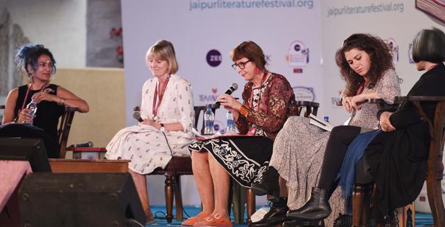 Jaipur, India - Jan. 28, 2018: (Day_04): Hoque(R), Alia Malek (2L), Amy Tan (R ) and Juliet Nicolson (2L) in conversation with Keggie Carew (C) during The Feminine Gaze: Women Writing Memoir session in the Jaipur Literature Festival (JLF) at Diggi Palace in Jaipur, Rajasthan, India, on Sunday, January 28, 2018. (Photo by Raj K Raj/ Hindustan Times) (Raj K Raj/HT PHOTO) Jaipur, India - Jan. 28, 2018: (Day_04): Hoque(R), Alia Malek (2L), Amy Tan (R ) and Juliet Nicolson (2L) in conversation with Keggie Carew (C) during The Feminine Gaze: Women Writing Memoir session in the Jaipur Literature Festival (JLF) at Diggi Palace in Jaipur, Rajasthan, India, on Sunday, January 28, 2018. (Photo by Raj K Raj/ Hindustan Times) (Raj K Raj/HT PHOTO)