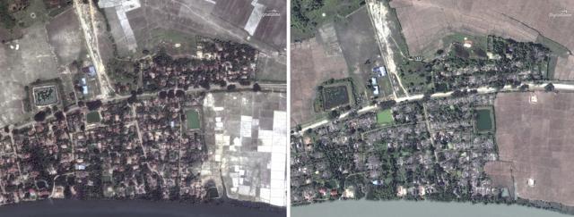 This combination of May 26, 2017, (left) , and December 20, 2017, satellite images provided by DigitalGlobe show the village of Gu Dar Pyin, Myanmar before and after destruction. The Associated Press has confirmed more than five previously unreported mass graves in the village. (AP Photo) This combination of May 26, 2017, (left) , and December 20, 2017, satellite images provided by DigitalGlobe show the village of Gu Dar Pyin, Myanmar before and after destruction. The Associated Press has confirmed more than five previously unreported mass graves in the village. (AP Photo)