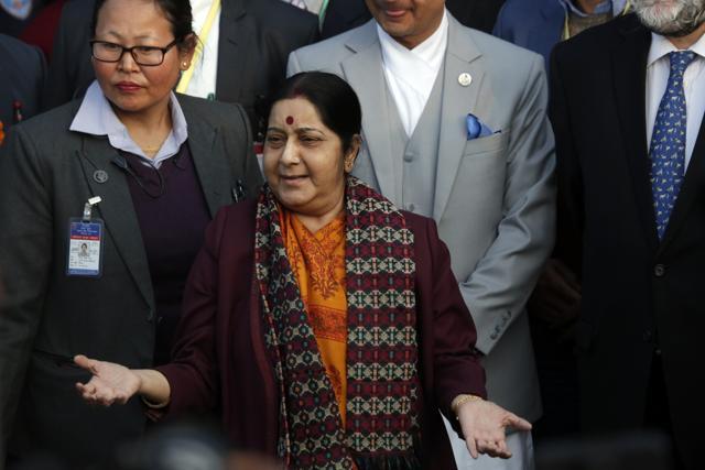 External affairs minister Sushma Swaraj talks to journalists after arriving at Tribhuwan International Airport, Kathmandu, Nepal, on February 1, 2018. (AP) External affairs minister Sushma Swaraj talks to journalists after arriving at Tribhuwan International Airport, Kathmandu, Nepal, on February 1, 2018. (AP)