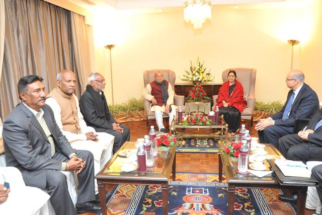 External affairs minister Sushma Swaraj with Madhes leaders. (Courtesy: Indian embassy in Kathmandu)