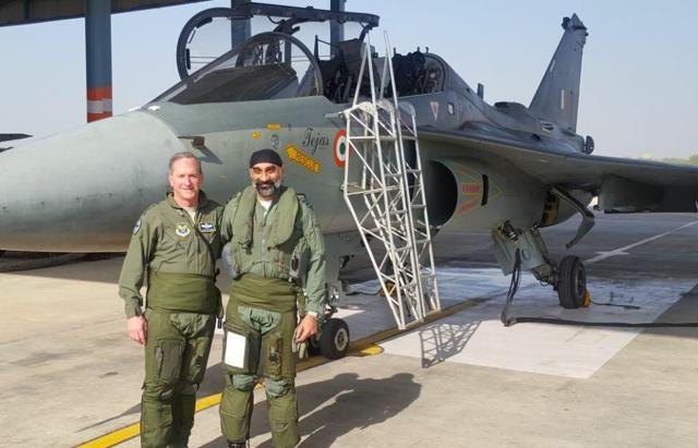 The Chief of US Air Force, General David L Goldfein (L) at the IAF station in Jodhpur. (HT Photo)