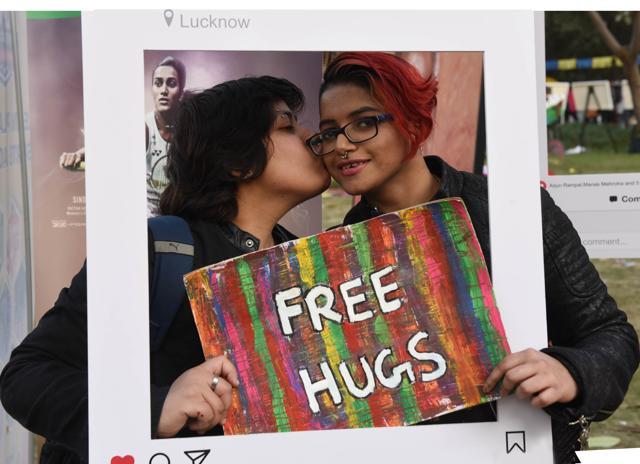 Lucknow hosted its first pride march in 2017, called the Awadh Gaurav Yatra. Last Sunday, the community organised an awareness drive at a city square, offering free hugs in rainbow-tinged selfie corners as a way of reaching out. (Subhankar Chakraborty / HT Photo)