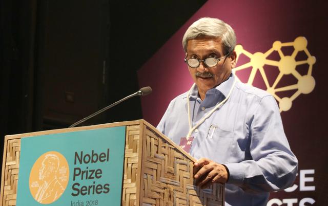 Goa CM Manohar Parrikar addresses the delegates during the inauguration of the Nobel Prize Series India 2018 at Kala Academy in Panaji. (HT Photo) Goa CM Manohar Parrikar addresses the delegates during the inauguration of the Nobel Prize Series India 2018 at Kala Academy in Panaji. (HT Photo)