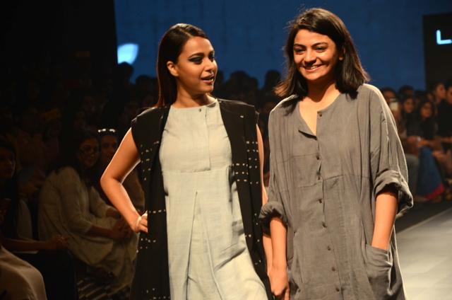 Swara Bhaskar with fashion designer Shaila Khubchandani at Lakme Fashion Week Summer/Resort 2018 in Mumbai on Feb . (IANS)