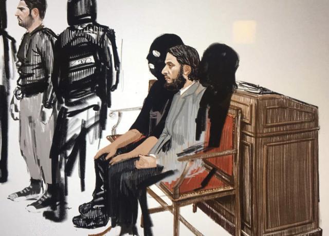 In this courtroom sketch, Salah Abdeslam, right, and Soufiane Ayari, left, appear at the Brussels Justice Palace in Brussels on Monday, February 5, 2018. (AP Photo) In this courtroom sketch, Salah Abdeslam, right, and Soufiane Ayari, left, appear at the Brussels Justice Palace in Brussels on Monday, February 5, 2018. (AP Photo)