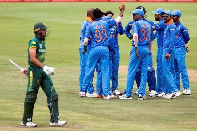 South Africa's stand-in captain Aiden Markram leaves the field as India's cricketers celebrate his dismissal in Centurion on Sunday. (REUTERS) South Africa's stand-in captain Aiden Markram leaves the field as India's cricketers celebrate his dismissal in Centurion on Sunday. (REUTERS)