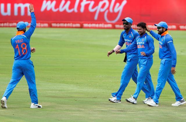 India’s Kuldeep Yadav is congratulated by teammates after taking a wicket in the second India vs South Africa ODI in Centurion. (REUTERS) India’s Kuldeep Yadav is congratulated by teammates after taking a wicket in the second India vs South Africa ODI in Centurion. (REUTERS)