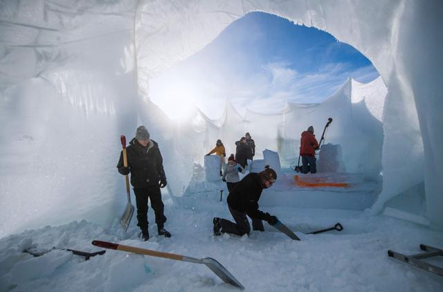 Organisers build a structure of ice ahead of the Ice Music Festival. (AFP) Organisers build a structure of ice ahead of the Ice Music Festival. (AFP)