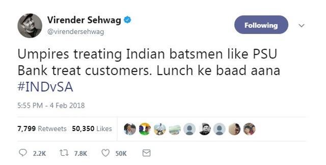 Virender Sehwag compared on-field umpires in the Centurion ODI to PSU bankers. (Twitter) Virender Sehwag compared on-field umpires in the Centurion ODI to PSU bankers. (Twitter)