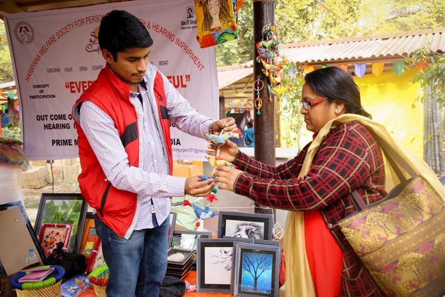 Photo frames, mobile wallet bags, and more by Haryana Welfare Society for persons with speech and hearing impairment at stall No. 974. (Raajessh Kashyap/HT)