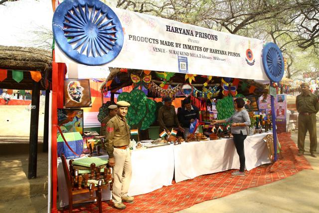 A glimpse of Haryana Prison’s stall No. 820, featuring artworks by inmates. (Raajessh Kashyap/HT)