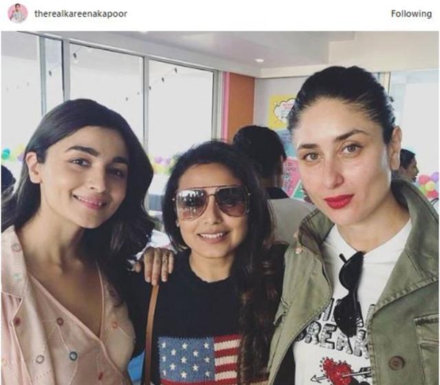 Alia, pictured here with actors Rani Mukherji and Kareena Kapoor at Karan Johar’s party, looked demure in a Nakita Singh dress. (Instagram/ therealkareenakapoor)