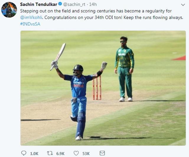 Sachin Tendulkar congratulated Virat Kohli for his brilliant century at Cape Town on Wednesday. (Twitter) Sachin Tendulkar congratulated Virat Kohli for his brilliant century at Cape Town on Wednesday. (Twitter)
