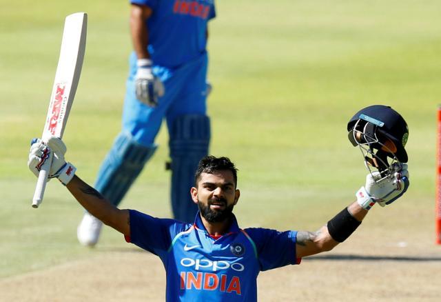 Virat Kohli celebrates his 34th ODI century at Newlands in Cape Town on Wednesday. (REUTERS) Virat Kohli celebrates his 34th ODI century at Newlands in Cape Town on Wednesday. (REUTERS)
