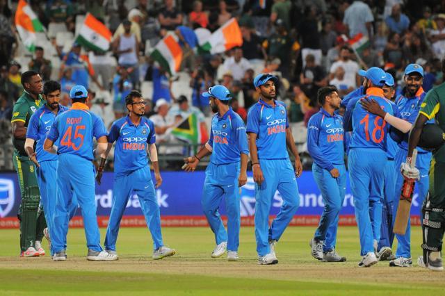 India's players celebrate winning the third ODI at Newlands Stadium on February 7, 2018, in Cape Town. (AFP) India's players celebrate winning the third ODI at Newlands Stadium on February 7, 2018, in Cape Town. (AFP)