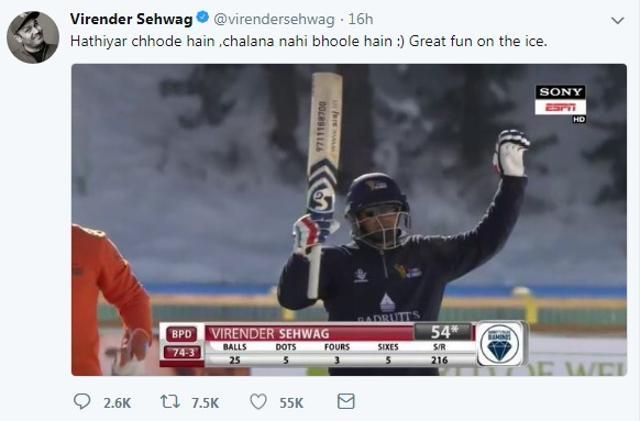 Virender Sehwag said he had still not forgotten the art of batting after smashing 62 off 31 balls in the St Moritz Ice Cricket challenge. (Twitter) Virender Sehwag said he had still not forgotten the art of batting after smashing 62 off 31 balls in the St Moritz Ice Cricket challenge. (Twitter)