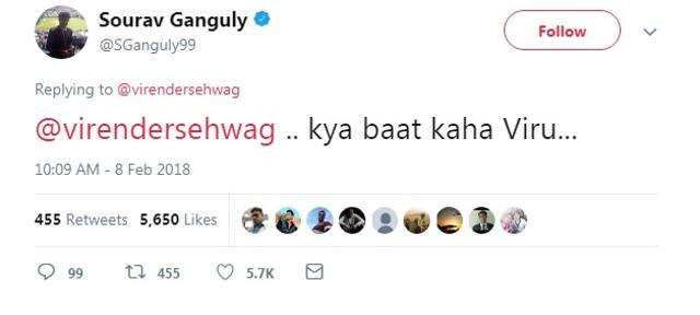 Sourav Ganguly has appreciated Virender Sehwag’s tweet after his blazing 62 off 31 balls in the St Moritz Ice cricket tournament. (Twitter) Sourav Ganguly has appreciated Virender Sehwag’s tweet after his blazing 62 off 31 balls in the St Moritz Ice cricket tournament. (Twitter)