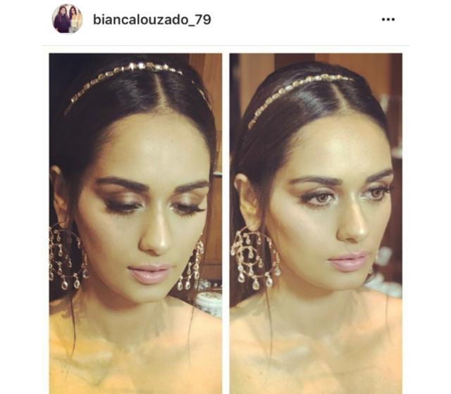 Manushi opted for metallic eye-makeup and glossy pink lips. (Instagram/ biancalouzado_79) Manushi opted for metallic eye-makeup and glossy pink lips. (Instagram/ biancalouzado_79)