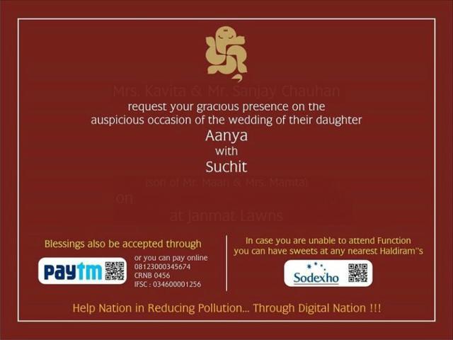 Aanya and Suchit’s wedding card, which trended online for going the cashless way. Aanya and Suchit’s wedding card, which trended online for going the cashless way.
