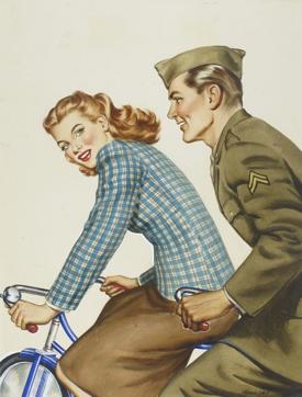 This image provided by the Norman Rockwell Museum shows the watercolor on board painting "Army Soldier and Woman on Bicycle," created in 1944 by Gloria Stoll Karn. Karn. (AP) This image provided by the Norman Rockwell Museum shows the watercolor on board painting "Army Soldier and Woman on Bicycle," created in 1944 by Gloria Stoll Karn. Karn. (AP)