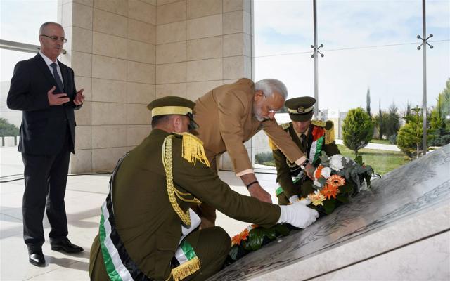 Prime Minister Narendra Modi lays wreath at Mausoleum of late president Yasser Arafat in Ramallah on February 10. (PTI Photo) Prime Minister Narendra Modi lays wreath at Mausoleum of late president Yasser Arafat in Ramallah on February 10. (PTI Photo)
