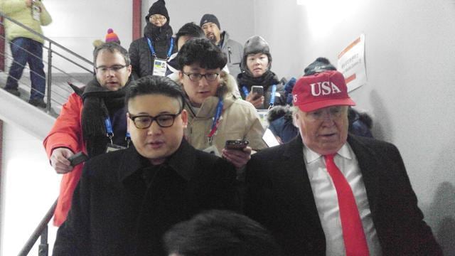 People dressed-up as U.S. President Donald Trump and North Korean leader Kim Jong Un attend the Winter Olympics opening ceremony in Pyeongchang, South Korea February 9, 2018. (Yonhap via REUTERS ) People dressed-up as U.S. President Donald Trump and North Korean leader Kim Jong Un attend the Winter Olympics opening ceremony in Pyeongchang, South Korea February 9, 2018. (Yonhap via REUTERS )