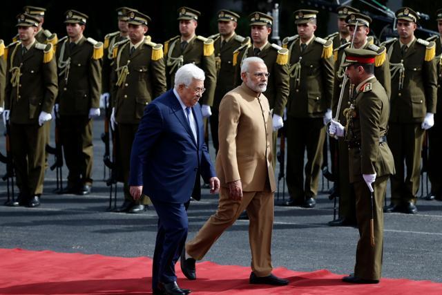 Palestinian president Mahmoud Abbas and Prime Minister Narendra Modi review the honour guard ahead of their meeting in the West Bank city of Ramallah on February 10. (AFP Photo) Palestinian president Mahmoud Abbas and Prime Minister Narendra Modi review the honour guard ahead of their meeting in the West Bank city of Ramallah on February 10. (AFP Photo)