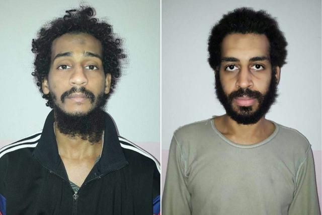 This combination of pictures shows captured British Islamic State (IS) group fighters El Shafee el-Sheikh (L) and Alexanda Kotey (R), posing for mugshots in an undisclosed location. (AFP Photo/ Ho / Syrian Democratic Forces)
