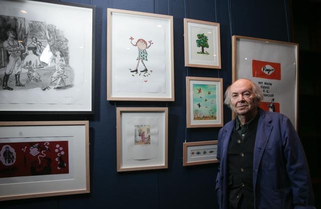 Blake poses with some of his work at Sotheby's action house in London on December 7, 2017, during an exhibition to promote the “First Editions Re-Covered” auction sale to benefit Quentin Blake’s Charity, House of Illustration. (AFP/Daniel Leal-Olivas) Blake poses with some of his work at Sotheby's action house in London on December 7, 2017, during an exhibition to promote the “First Editions Re-Covered” auction sale to benefit Quentin Blake’s Charity, House of Illustration. (AFP/Daniel Leal-Olivas)