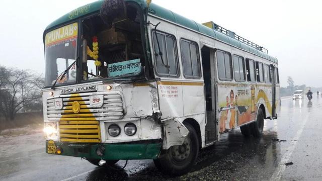 The Punjab Roadways bus rammed into the school bus on the Kharar-Morinda road on Monday. (HT Photo)