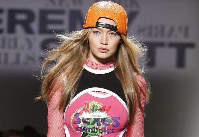 Gigi modelling for the Jeremy Scott spring 2018 collection at the New York Fashion Week. (AP)