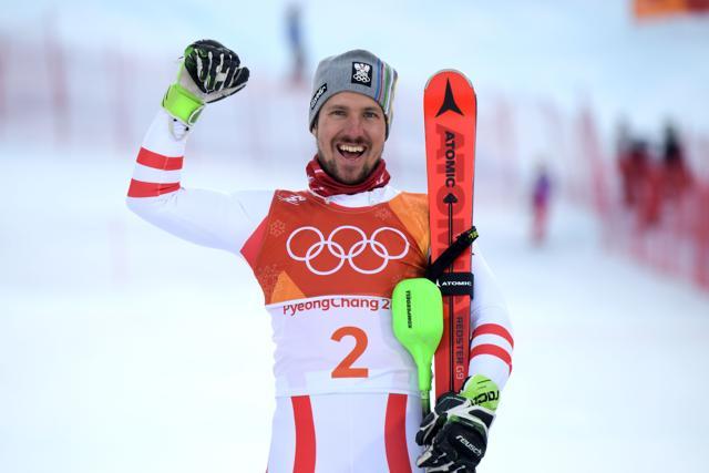 Austria's Marcel Hirscher celebrates his gold medal win during the victory ceremony of the Men's Alpine Combined at the Jeongseon Alpine Center. (AFP) Austria's Marcel Hirscher celebrates his gold medal win during the victory ceremony of the Men's Alpine Combined at the Jeongseon Alpine Center. (AFP)