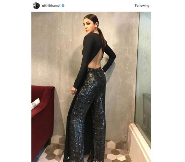 Anushka in an all-black Nikhil Thampi ensemble. (Instagram/ Nikhil Thampi )