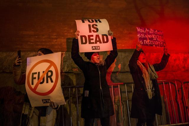 Animal right activists protest outside Marc Jacobs fashion show during Fashion Week in New York. (AP)