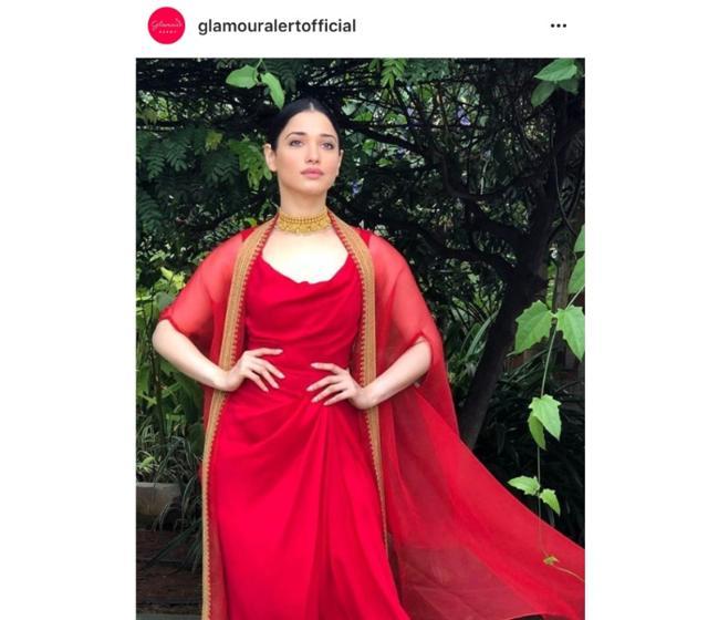 Tamannaah’s ensemble is from TISHA by Tisha Saksena. (Instagram/ glamouralertofficial) Tamannaah’s ensemble is from TISHA by Tisha Saksena. (Instagram/ glamouralertofficial)