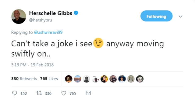 Herschelle Gibbs, to his credit, took Ashwin’s joke in good spirit. (Twitter)