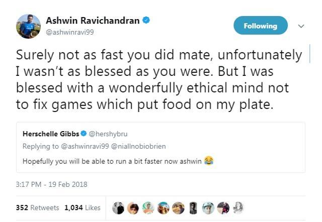 R Ashwin posted this tweet in reply to Herschelle Gibbs, then later deleted it after it sparked some Twitter outrage. (Twitter) R Ashwin posted this tweet in reply to Herschelle Gibbs, then later deleted it after it sparked some Twitter outrage. (Twitter)